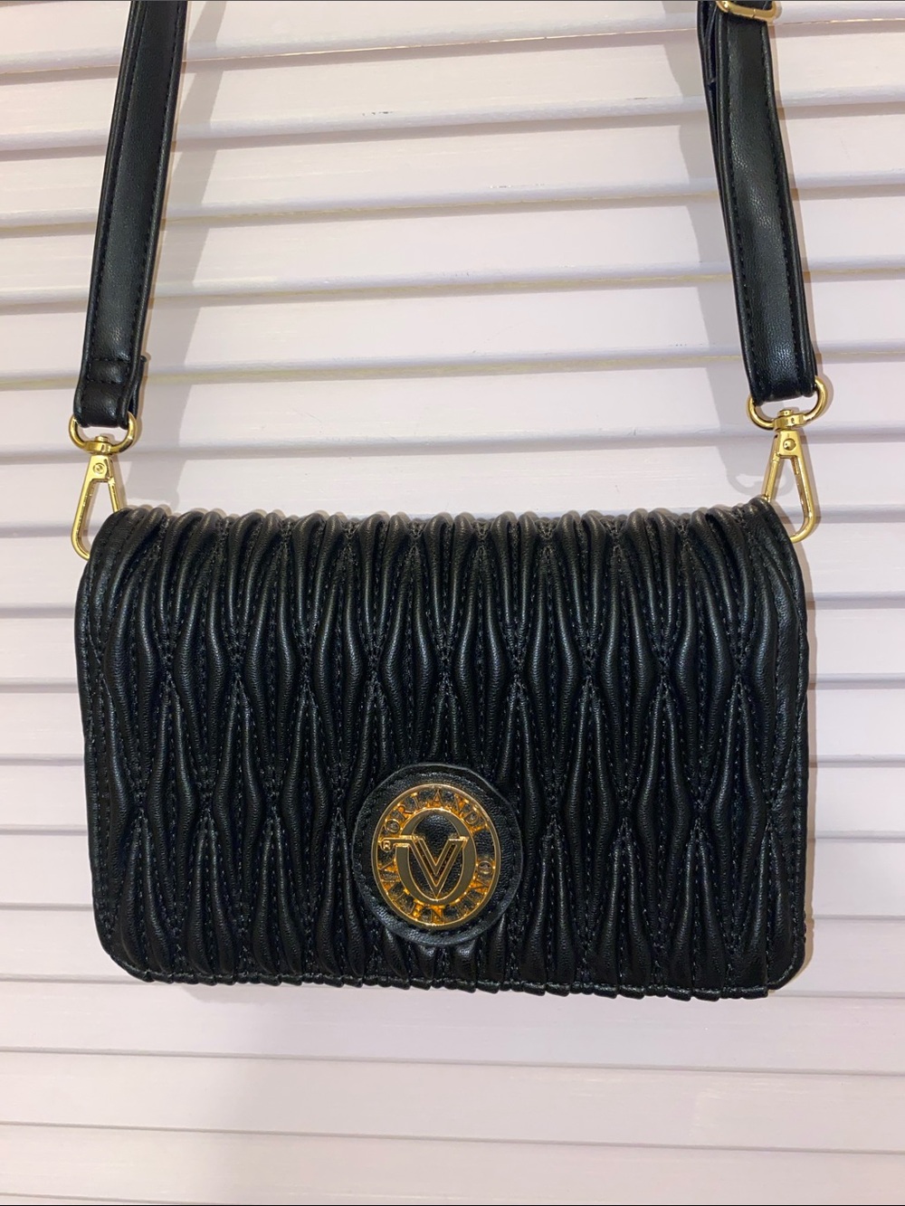 Black Textured Valentino Orlandi Crossbody Shoulder Bag with Gold Emblem